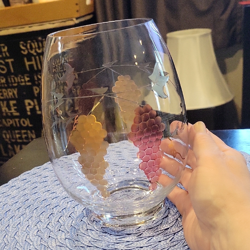 Colorful Etched Grapes Romanian Crystal Rose Bowl/ Vase,euc